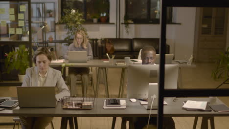 american man and women employees working on computer sitting at desk in the office