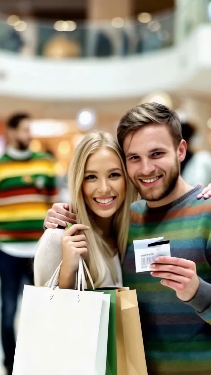 Young Caucasian couple holding paper bags in a shopping mall. Couple shopping for the holidays