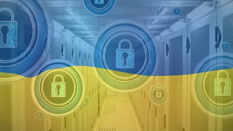 Animation-of-digital-padlocks-in-circles-floating-over-servers-and-flag-of-ukraine