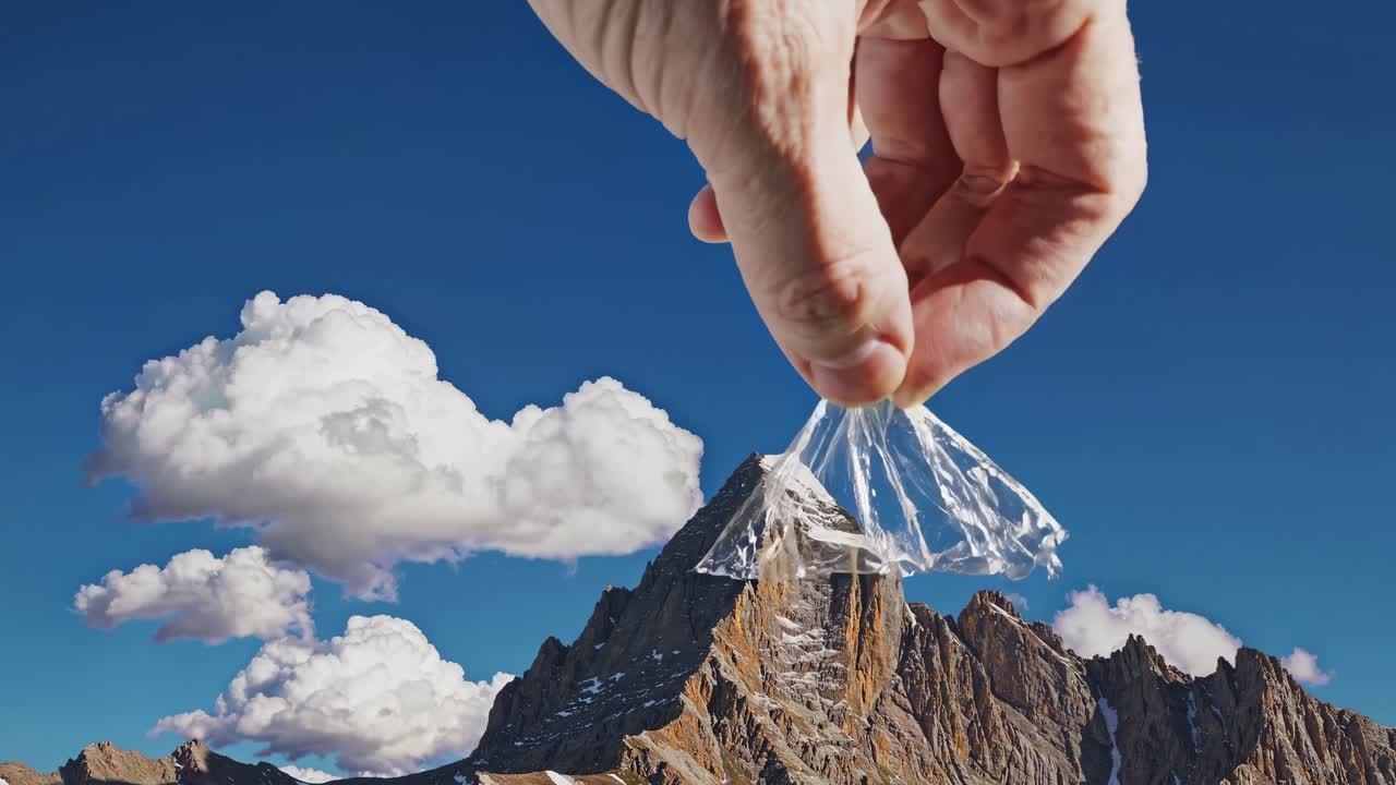 Hand Holding Plastic Bag Over Mountain Peak