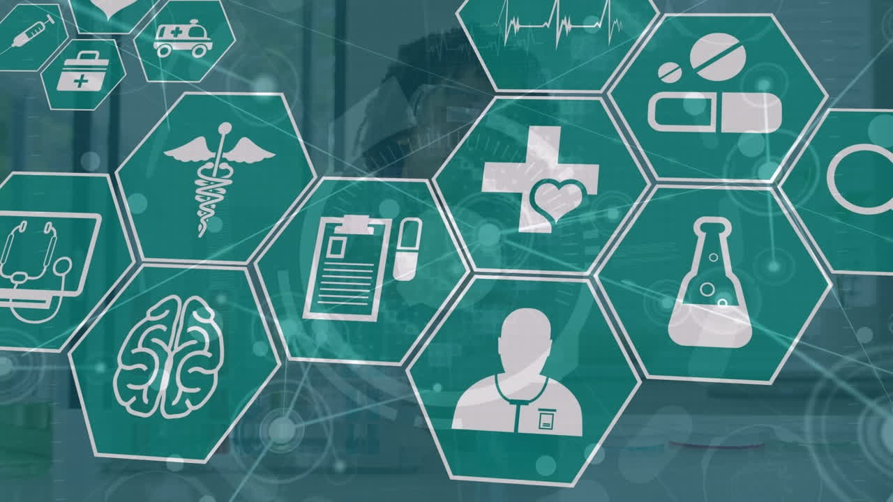 animación de iconos médicos y procesamiento de datos sobre una doctora biracial