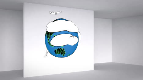 colored animation showing 3d room and planes circling earth