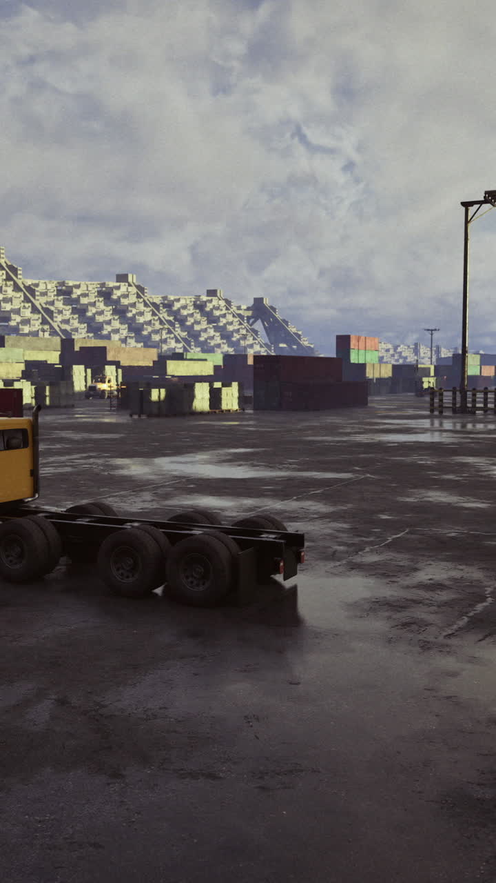Cargo truck maneuvering in an industrial area with shipping containers at dusk