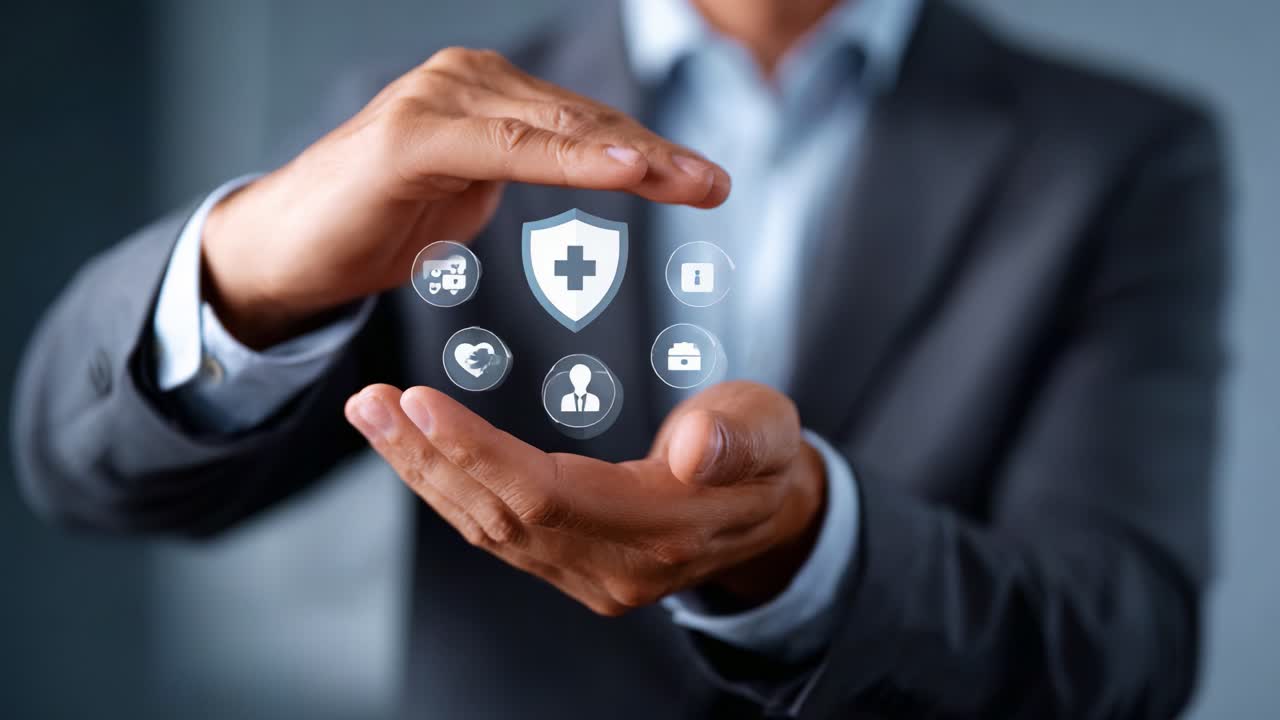 A professional person presenting healthcare icons in a digital display, symbolizing innovation and the future of health services and technology in a corporate setting