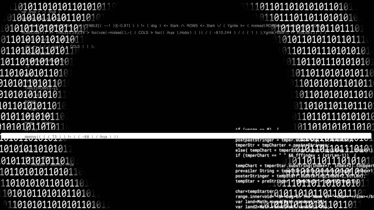 Animation of expanding ring of binary data over text data processing on black background