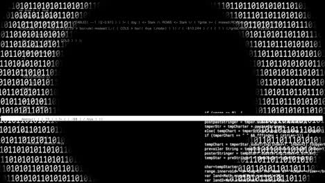 animation of expanding ring of binary data over text data processing on black background