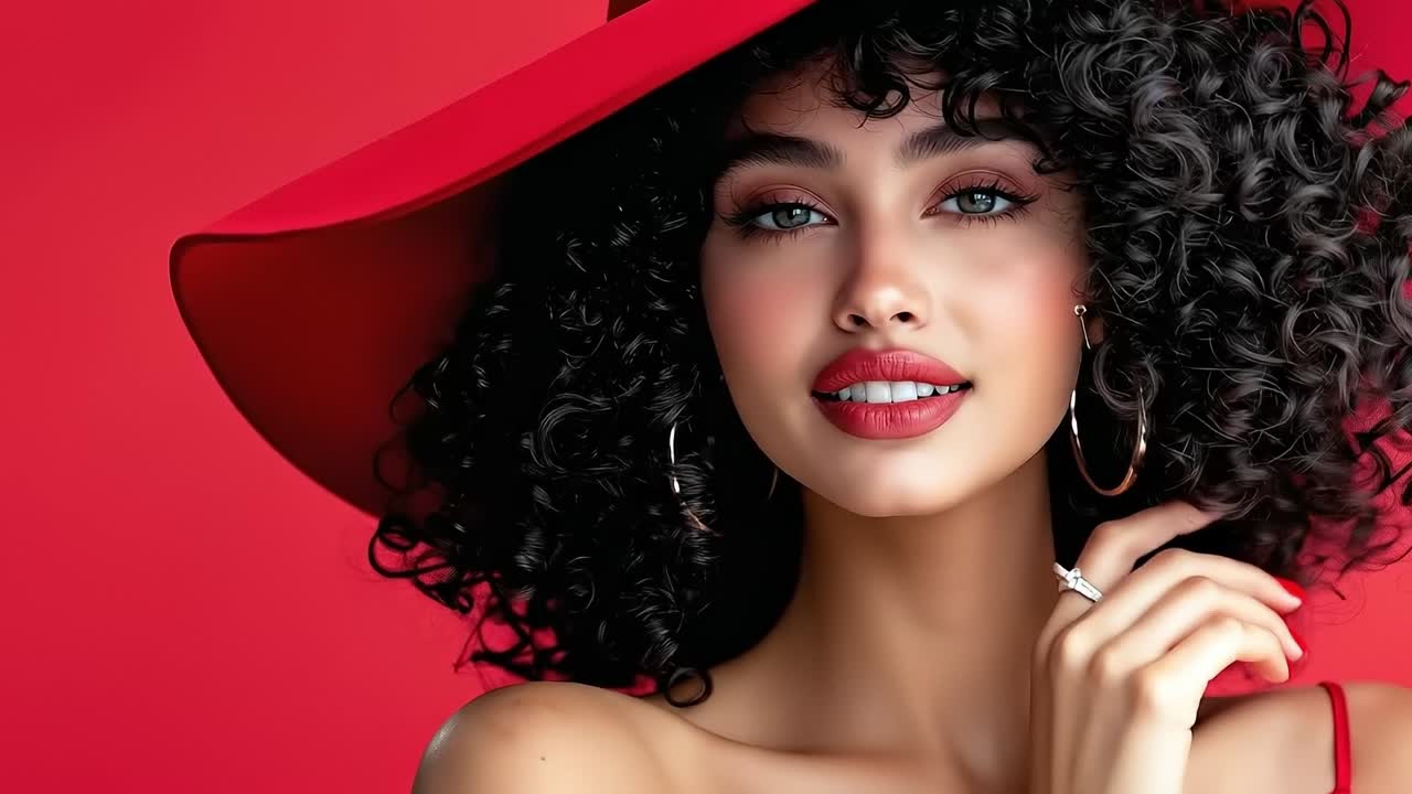 Una donna con un cappello rosso e un rossetto rosso