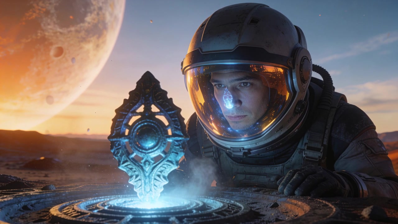 Stigende blå artefakt, der gnistrer, astronaut i rumdragt bevæger sig mod en piedestal på en fremmed slette og inspicerer