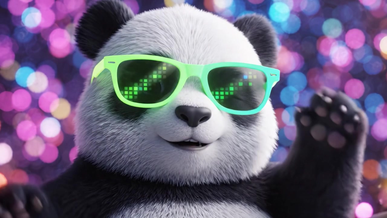 Un panda animato giocoso che indossa occhiali da sole alla moda si rilassa in mezzo a uno sfondo bokeh vibrante e colorato, emanando un'atmosfera allegra e rilassata che cattura l'attenzione