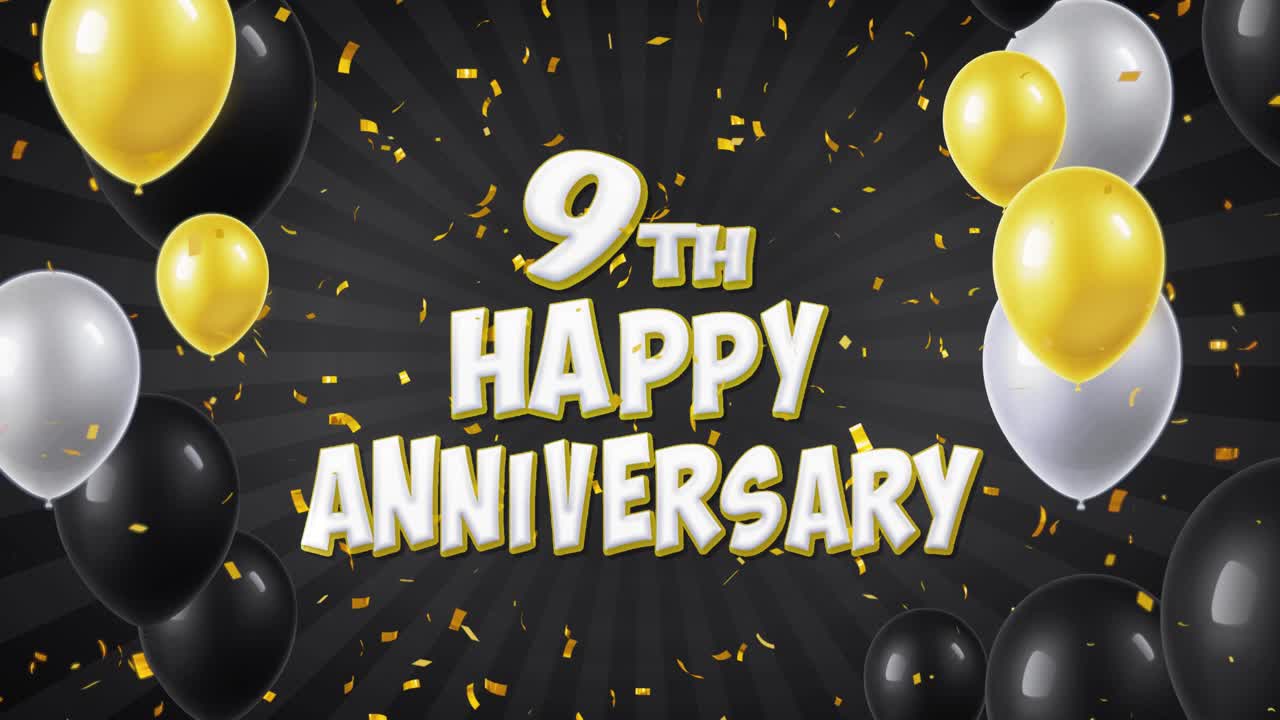 Striscione per la Celebrazione del 9° Felice Anniversario con Palloncini e Coriandoli