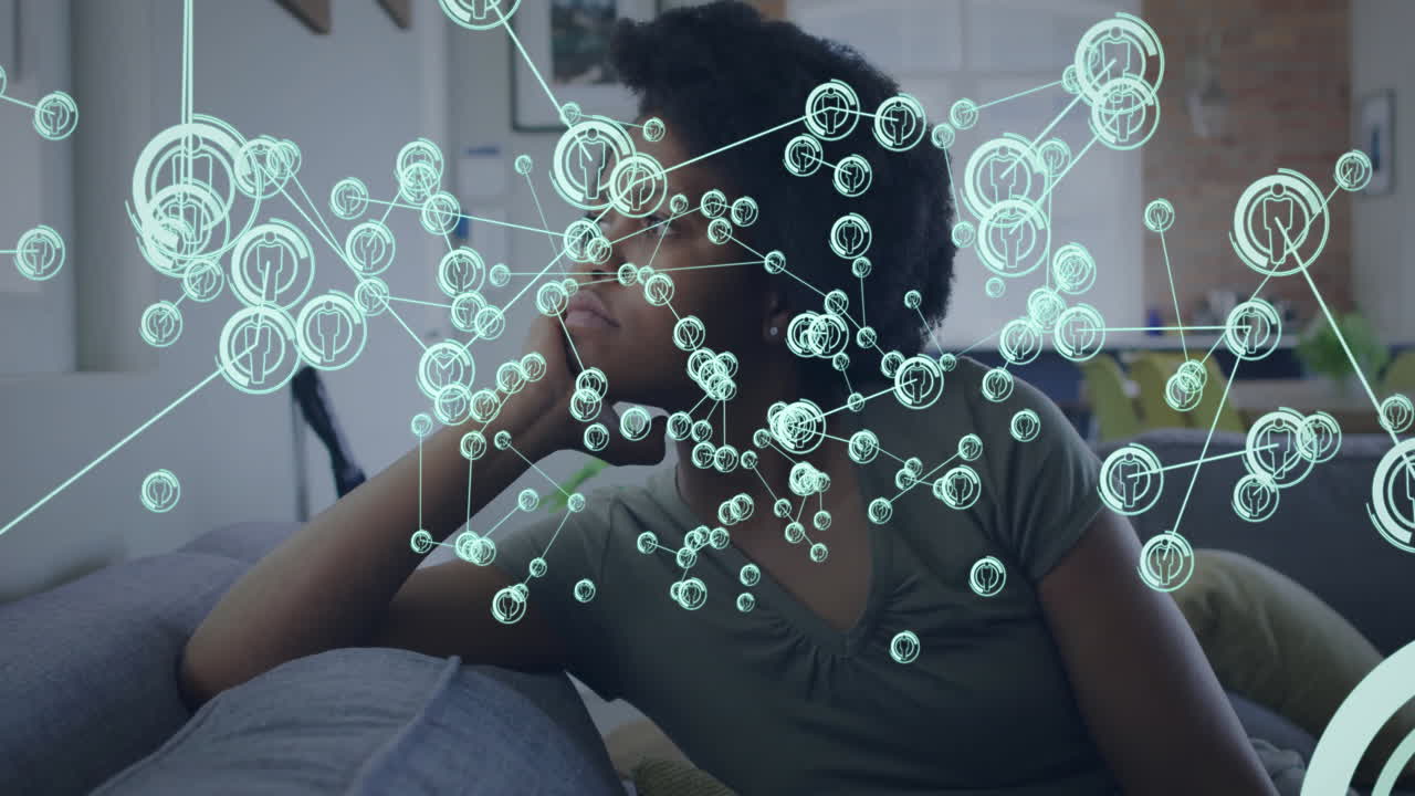 Network of connections and data processing animation over person relaxing at home