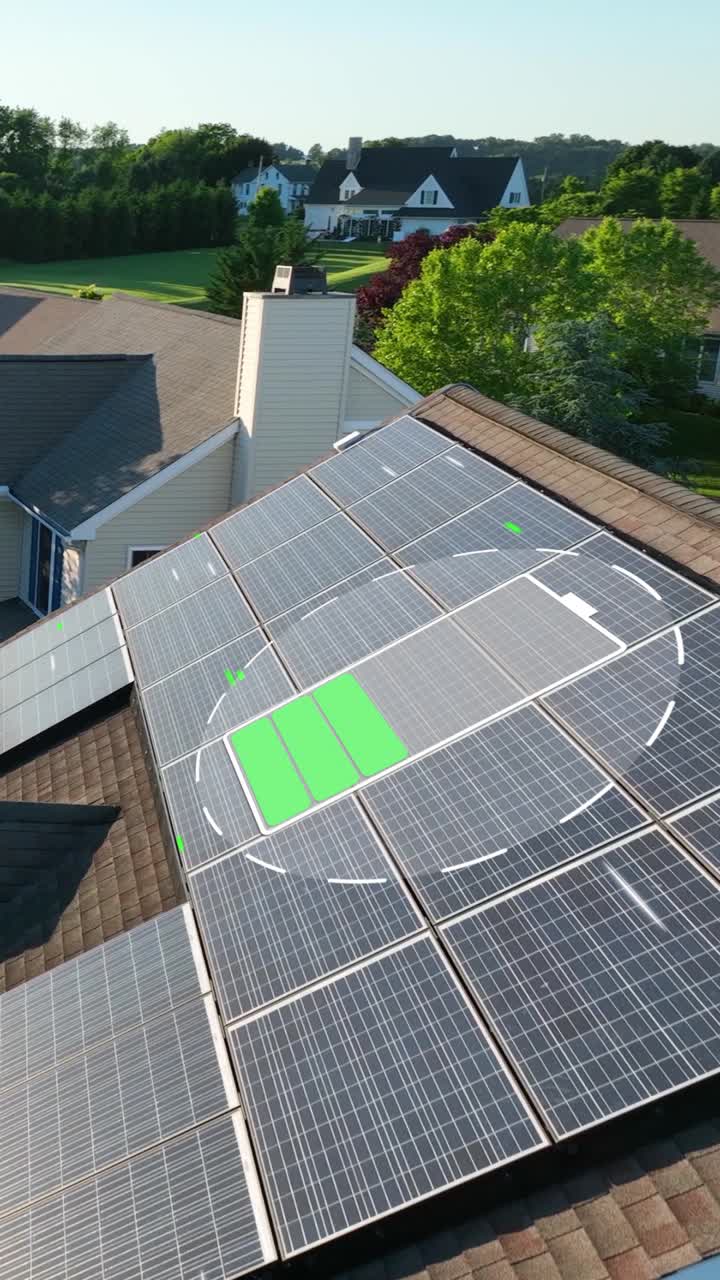 Luftfoto af amerikansk forstadshus med solpaneler på taget og animeret bevægelsesgrafik, der viser indlæsning af batterilagringssystem og energiflow på boligens tag. Solskinsdag i USA