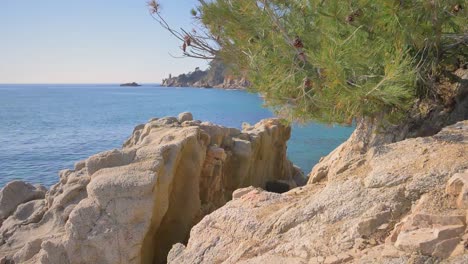 Beautiful-beach-landscape-in-Costa-brava-shoreline,-Lloret-de-Mar,-Spain