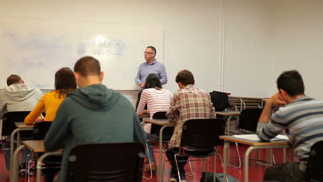 Lecturer-explaining-something-on-the-whiteboard-to-class