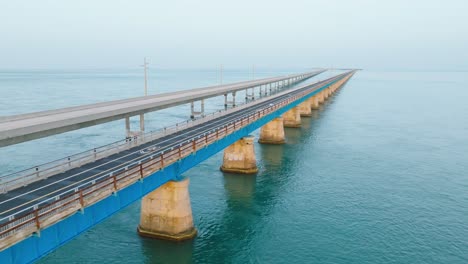 orbital view of the restored old seven mile bridge next to the seven mile bridge in the florida keys this portion of the bridge was restored in 2022