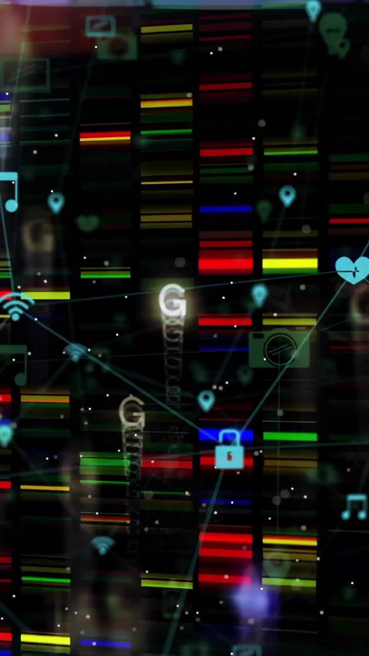 Vertical video: Corner bars floating in, color bars and cyan nodes forming columns showing network