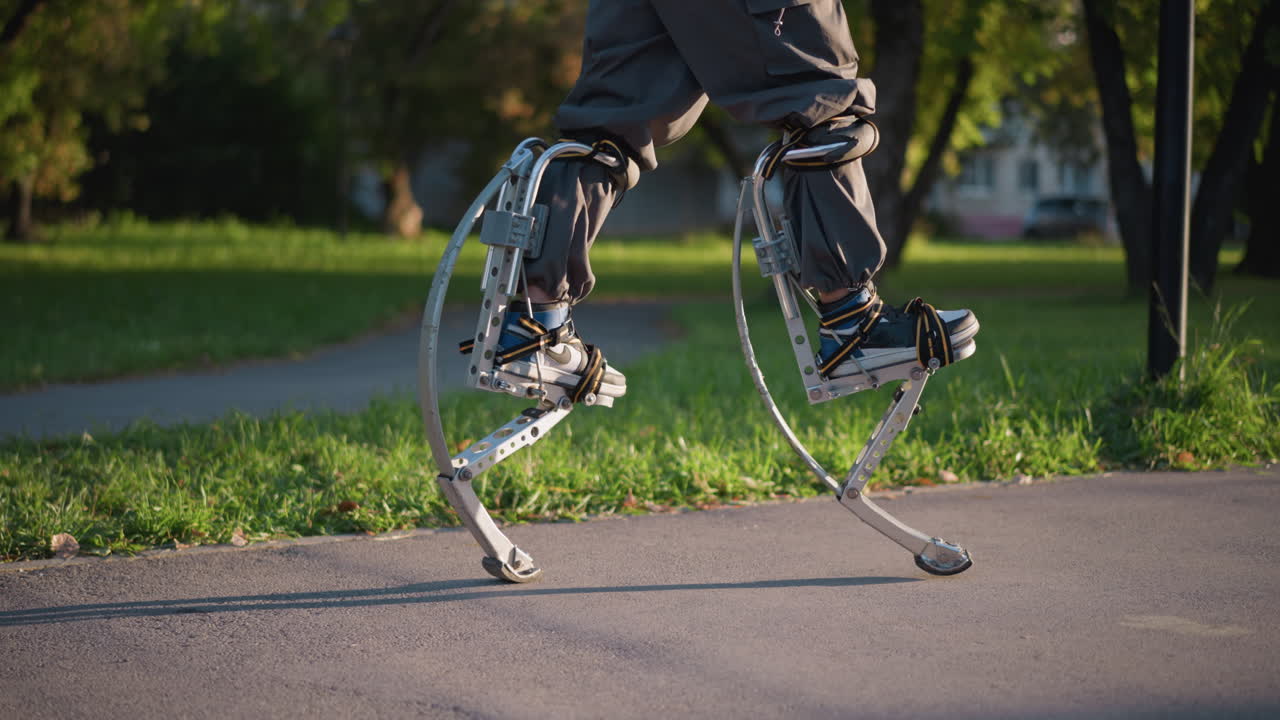 Man's legs using spring stilts while walking on paved path in sunny park, wearing gray cargo pants. Camera at ground level focuses on stilts and legs, with green grass and trees