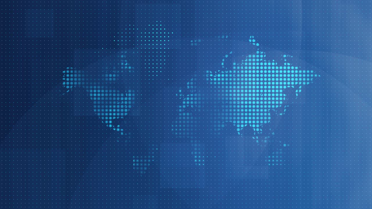 loopable world map over abstract blue dotted background with tranquil motion, global news backdrop