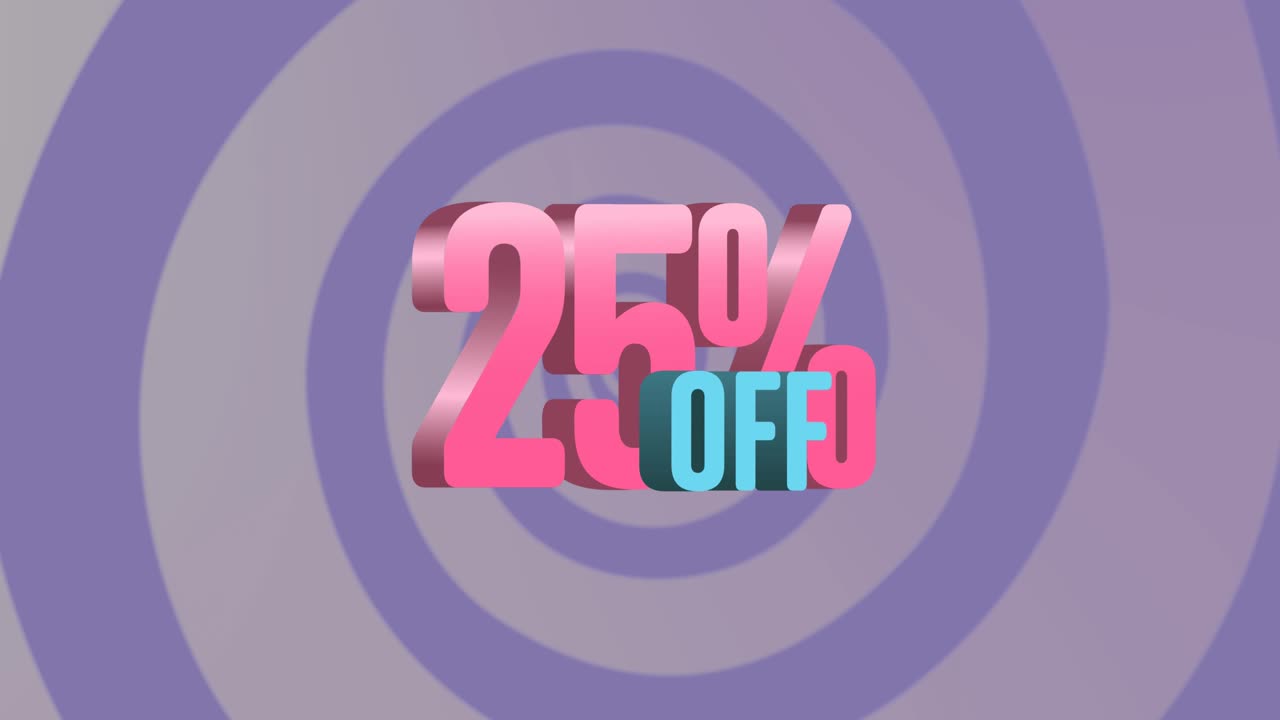 Animazione del testo "25% di sconto" su cerchi su sfondo blu.