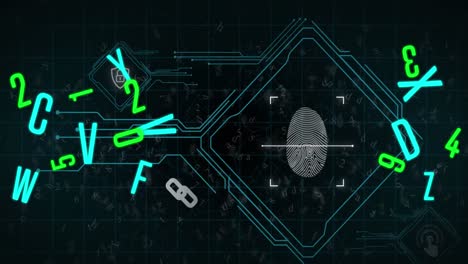 Animation-of-biometric-fingerprint,-letters-and-numbers-changing,-scope-scanning-and-data-processing