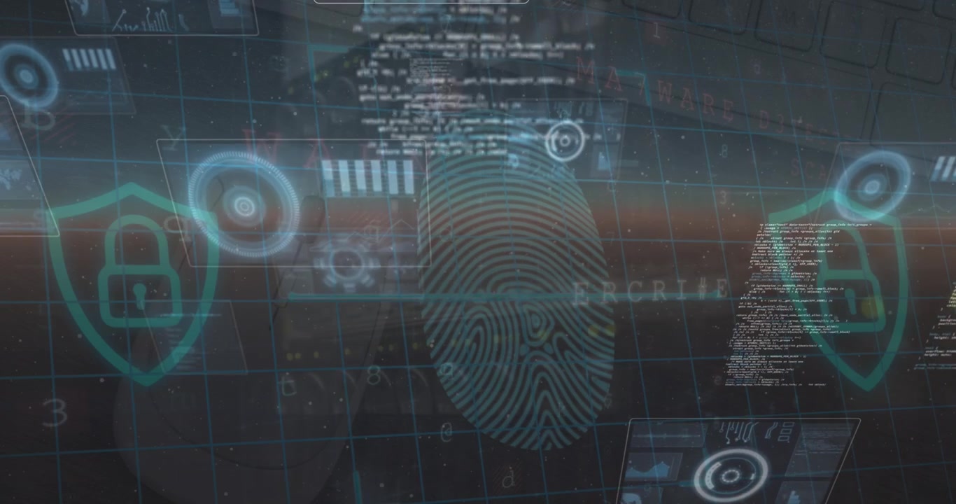Animation of data processing and security fingerprint over blue background