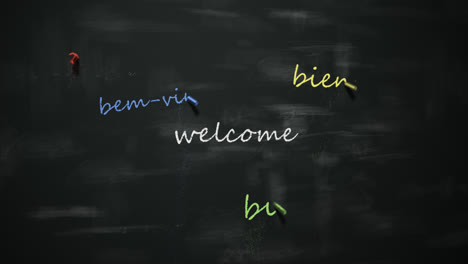 Typography-animation.-Colorful-chalks-writing-‘Welcome’-word-in-multiple-different-international-foreign-languages-on-the-black-chalkboard.-Language-learning-concept.