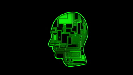 animación de procesamiento de datos sobre cabeza humana con placa de circuito de computadora en fondo negro