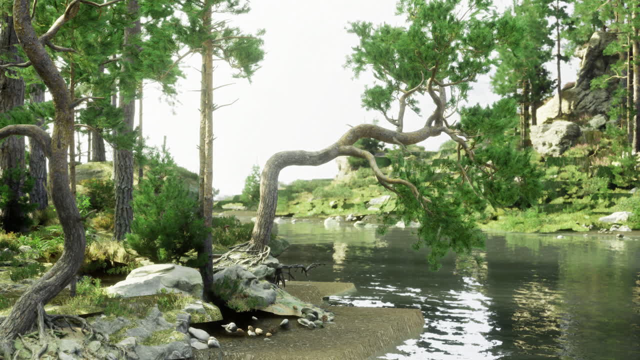 Serene riverside landscape with lush trees and calm waters in daylight