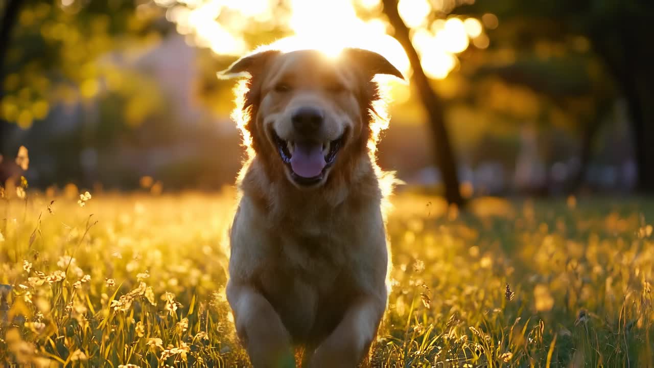 Perro Golden Retriever feliz corriendo a cámara lenta por un campo de hierba a la hora dorada