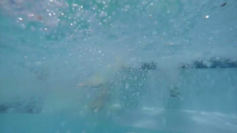 familia sentada a orillas de la piscina y sacudiendo las piernas en el agua de la piscina