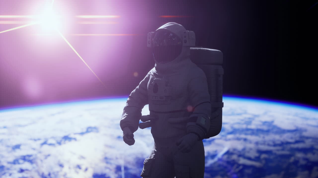 Astronaut floating in space with earth and sun in the background during day