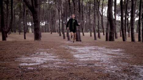 feet of man swiftly jogging with pine tree forest surrounding him