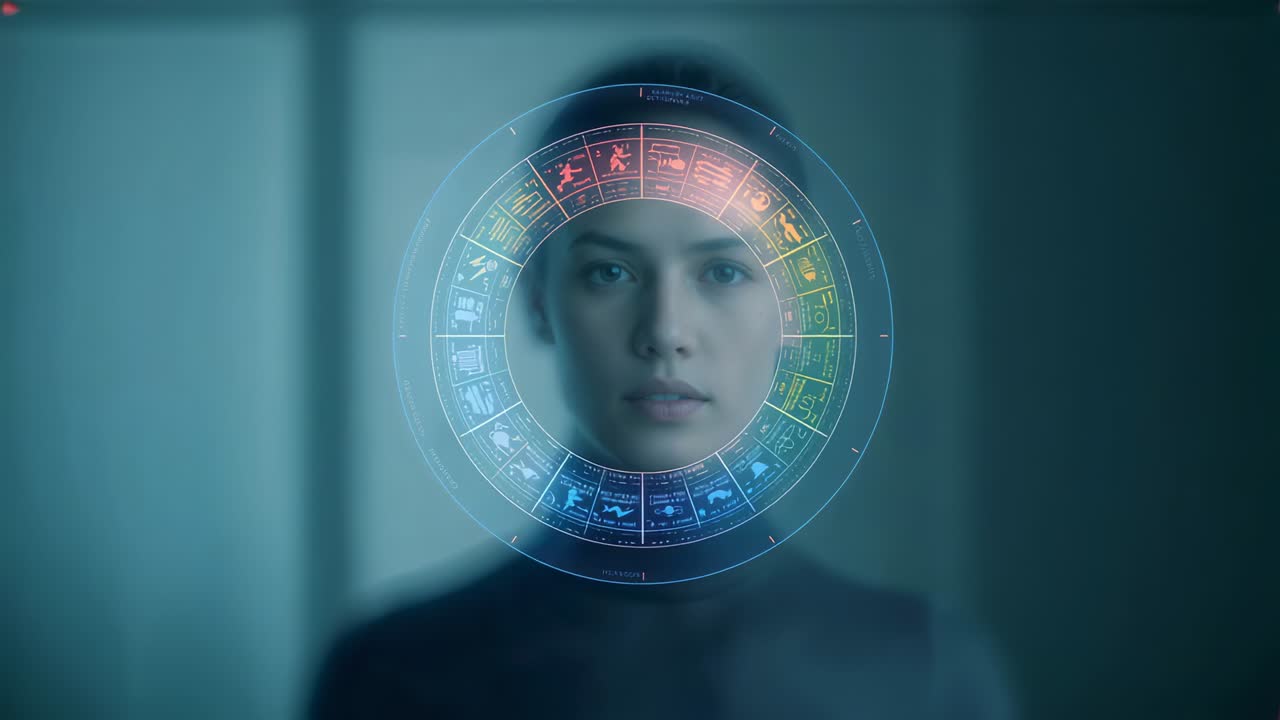 Appearing hologram ring over woman in teal lab in dark top cycling cyan-red bands scanning face