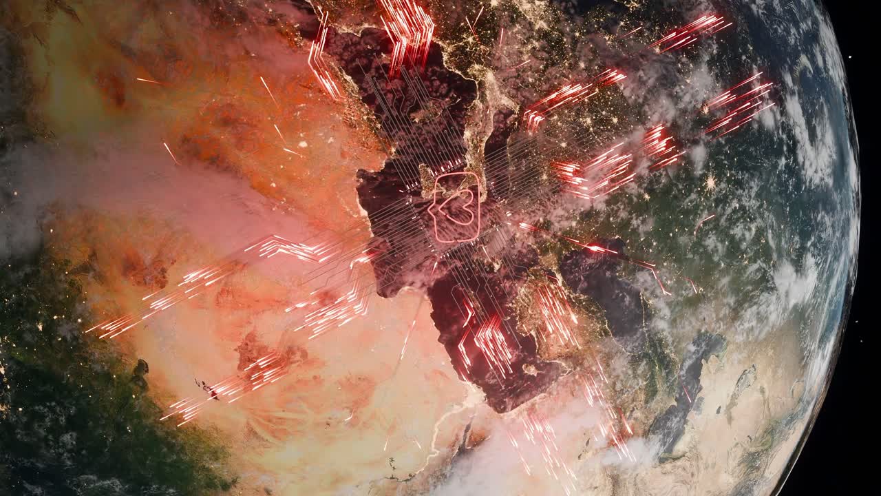 Planet Earth showing southern Europe and northern Africa with heart symbol inside chat bubble and red digital network lines. Social media communication and global connection concept. vertical