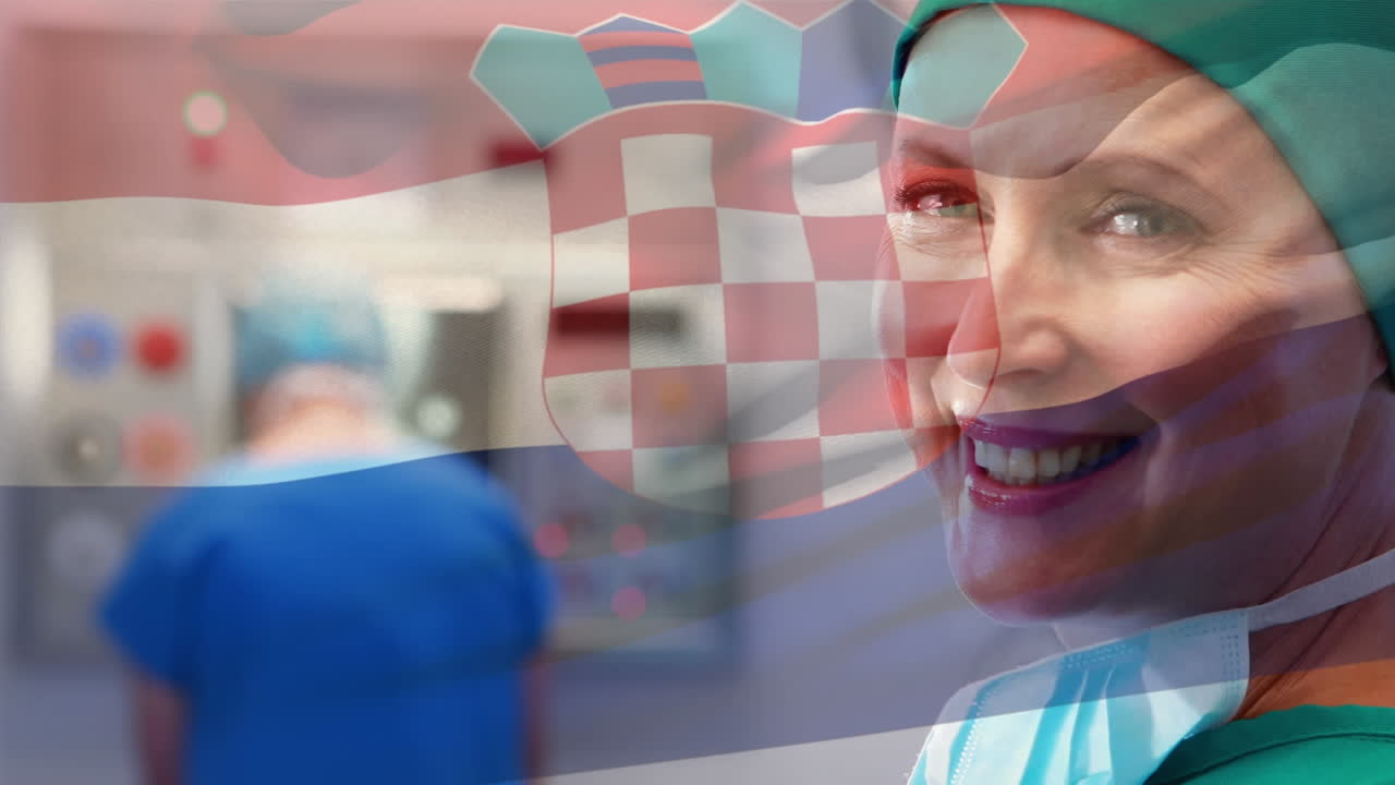 크로아티아 국기가 외과 의사 위에 흔들리는 애니메이션