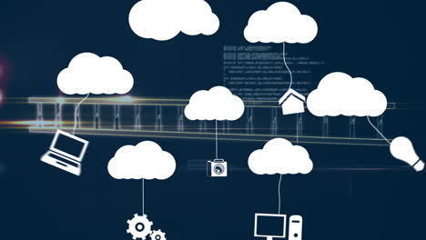 Animation of cloud icons and data processing over dark background