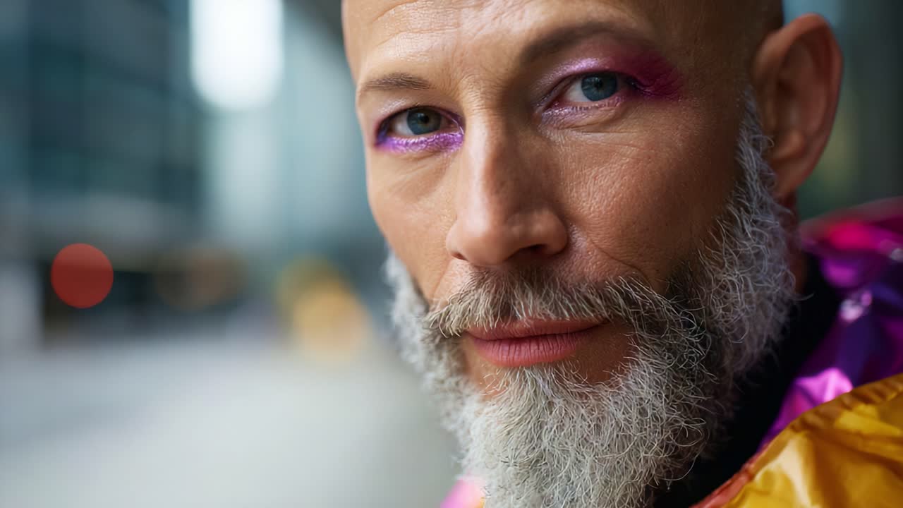 Uomo elegante con barba e trucco colorato posa con sicurezza in un ambiente urbano, enfatizzando l'espressione e le scelte di moda distintive