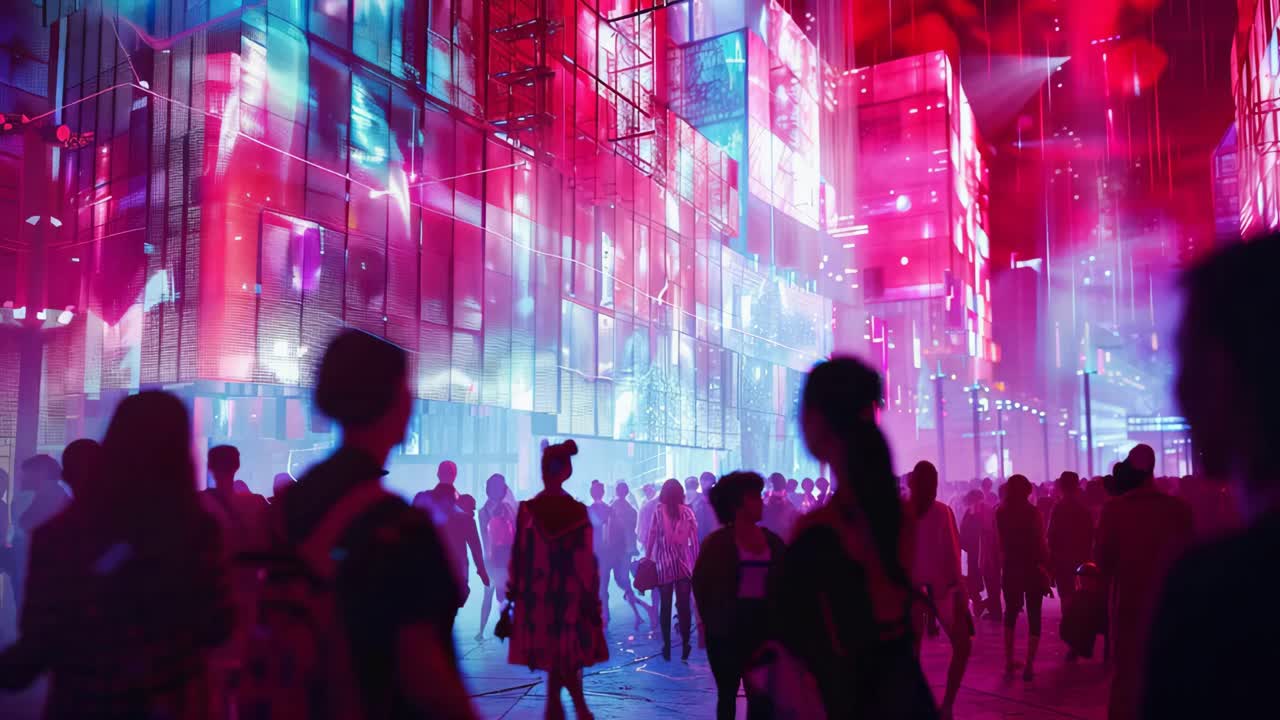 Night Cityscape with Neon Lights and Crowds