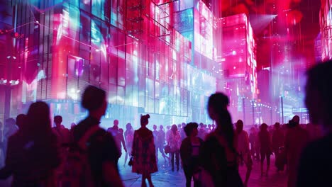 night cityscape with neon lights and crowds