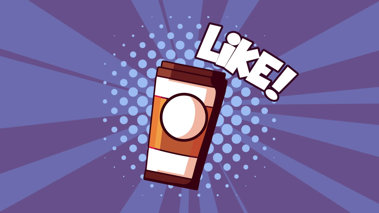 팝 아트 스타일과 '좋아요' 텍스트를 가진 커피 컵