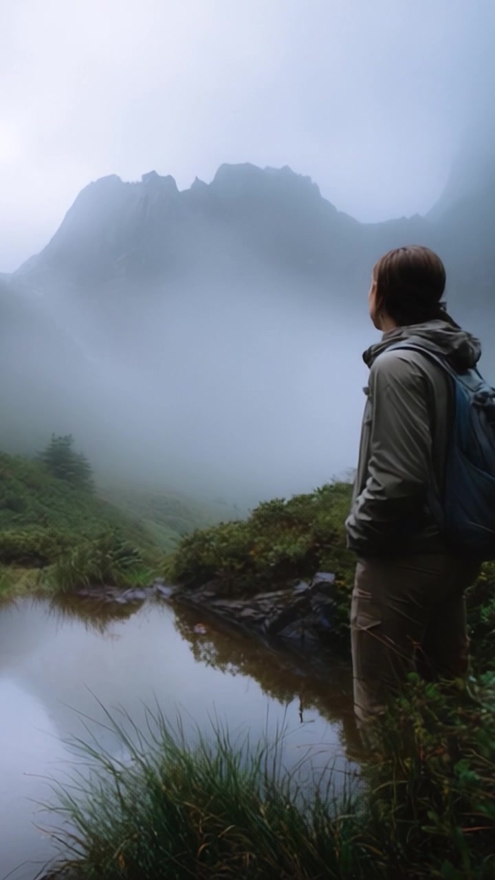 A solitary figure contemplates the serene beauty of misty mountains, reflecting on nature's power in a tranquil landscape filled with fog and lush greenery.