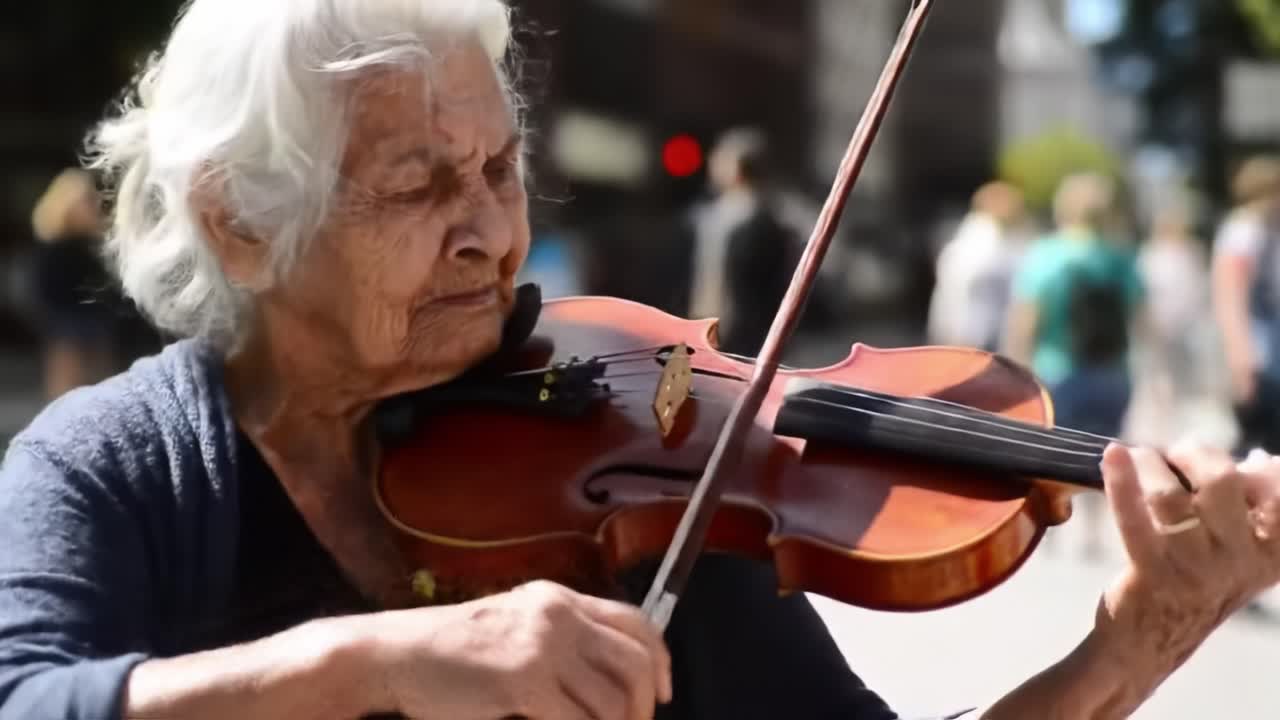 A Talented Elderly Woman Captivates Passersby While Skillfully Playing the Violin in a Busy City Street, Embodying the Spirit of Music and Community Engagement
