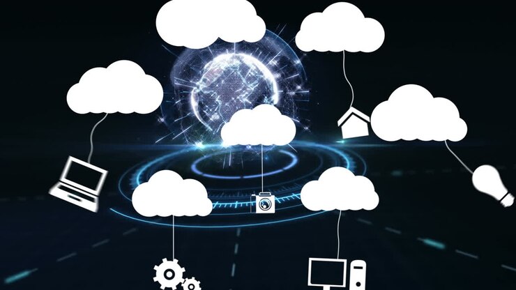 Animation of clouds with icons over globe