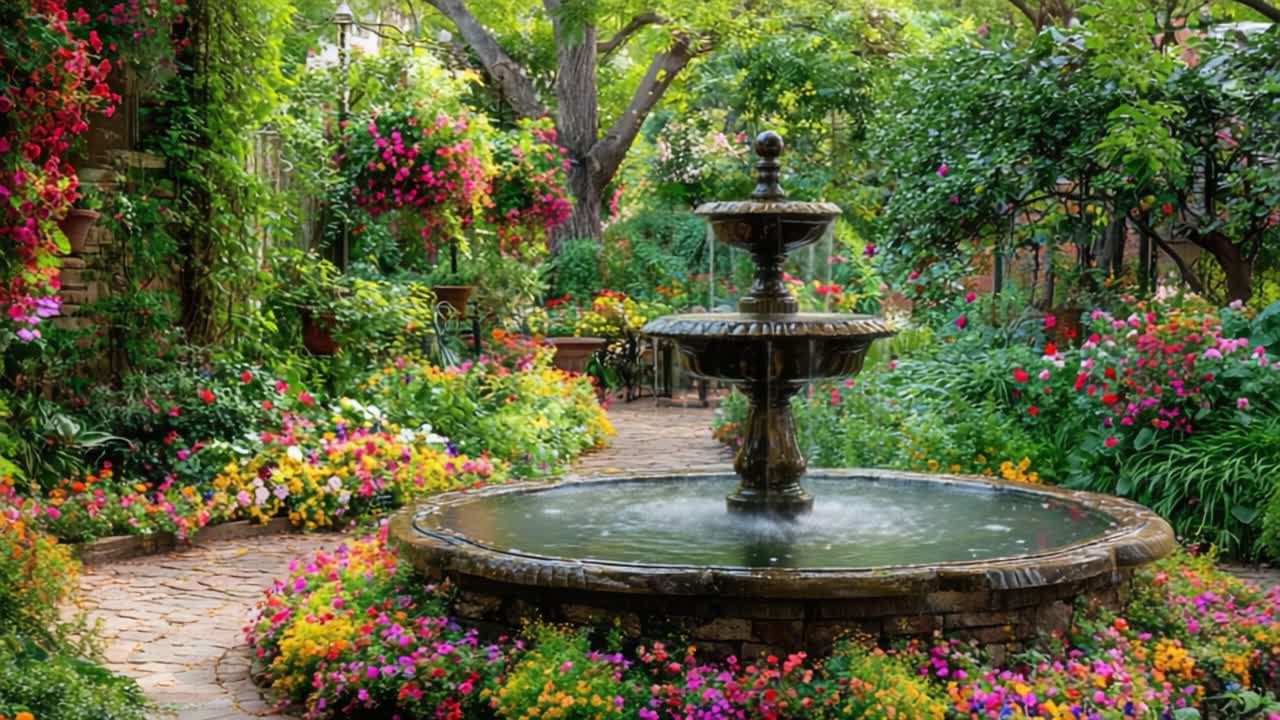 Un'oasi di giardino serena con una bellissima fontana circondata da fiori vivaci e una vegetazione lussureggiante, che evoca tranquillità e bellezza naturale
