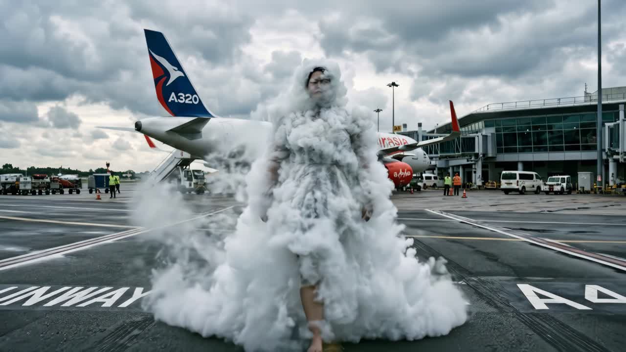 Donna eterea avvolta nel fumo sul piazzale dell'aeroporto
