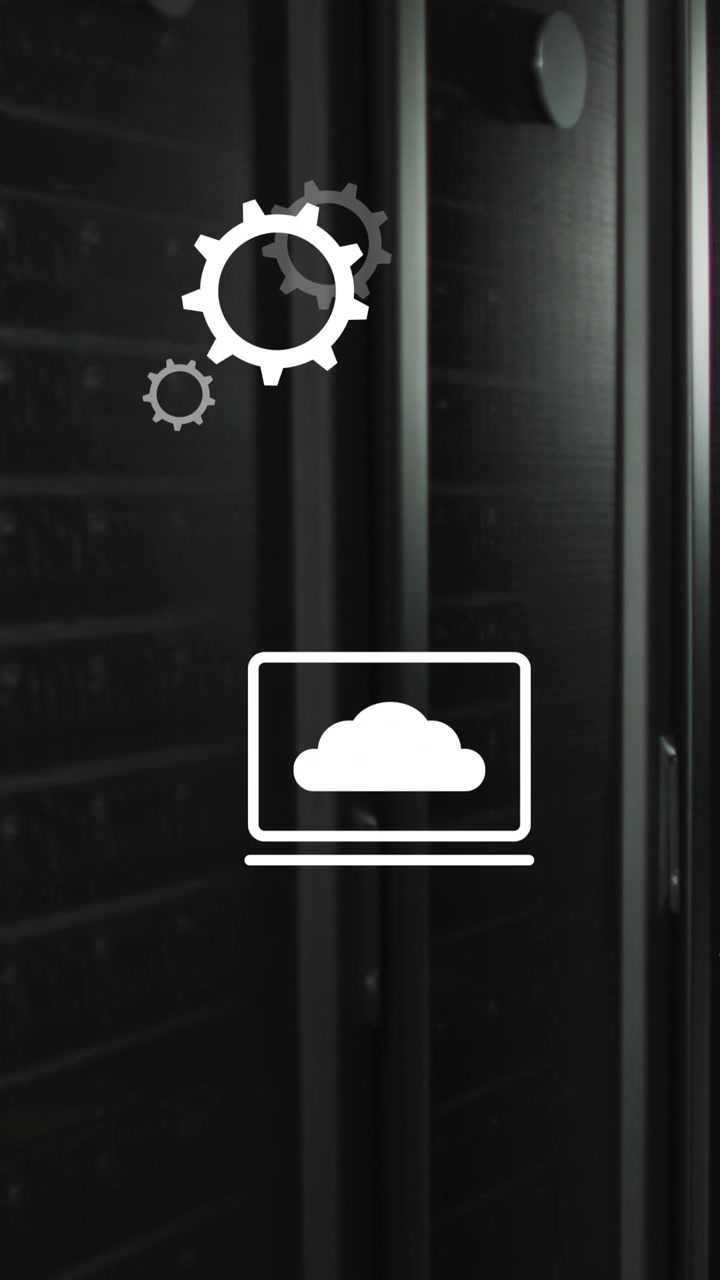 Animation of multiple digital icons floating against computer server room