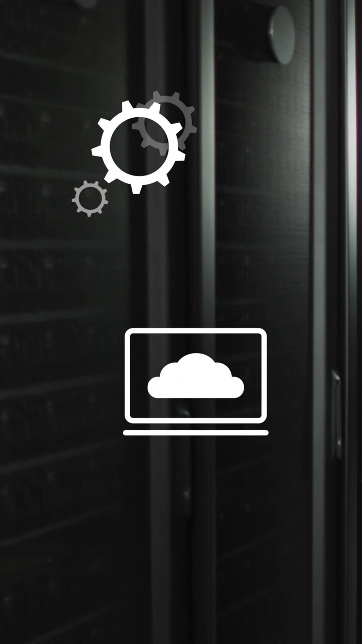 Animation of multiple digital icons floating against computer server room