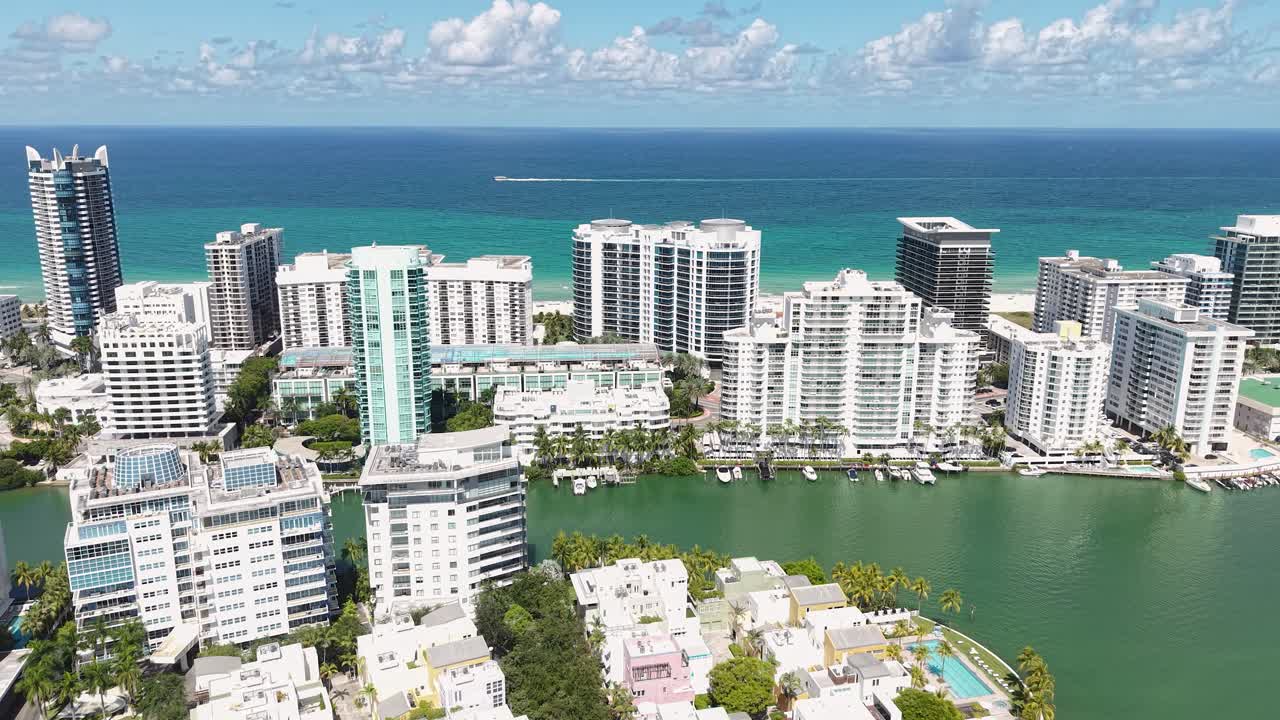 Aerial View of Miami Beach, Allison Island and Indian Creek, Apartment and Condominium Buildings, Florida USA