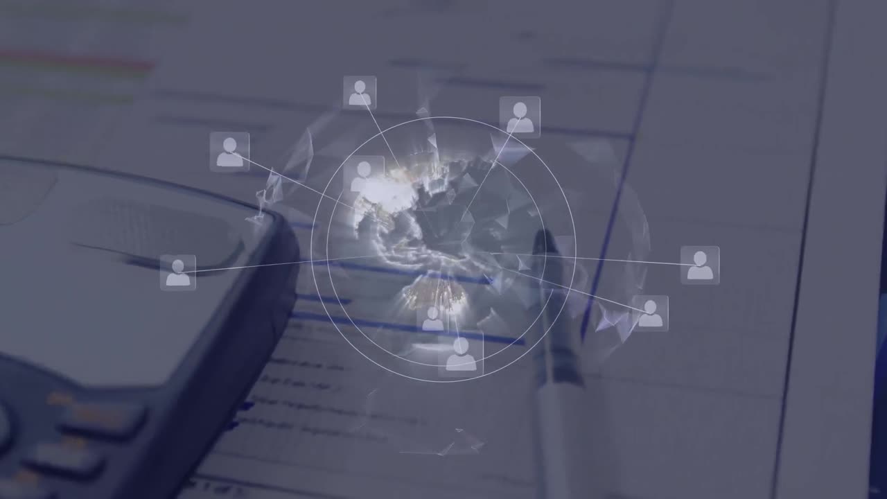 globo de red de iconos de perfil girando contra vista de cerca de los documentos y la calculadora