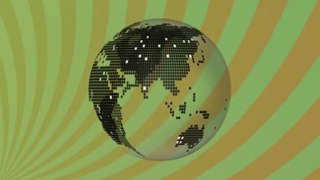 Animation-of-spinning-globe-against-brown-radial-rays-in-seamless-pattern-on-green-background